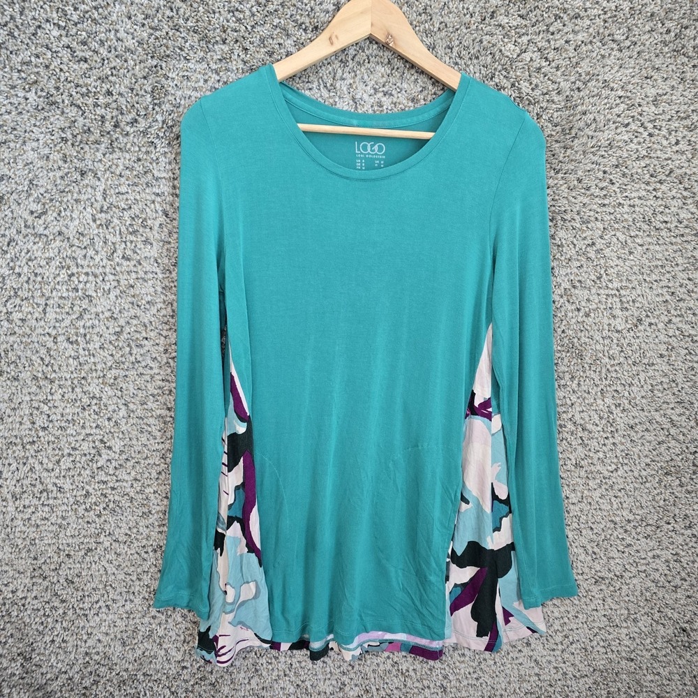LOGO Lori Goldstein Top Womens Small Teal Tunic Stretch Mixed Media Casual